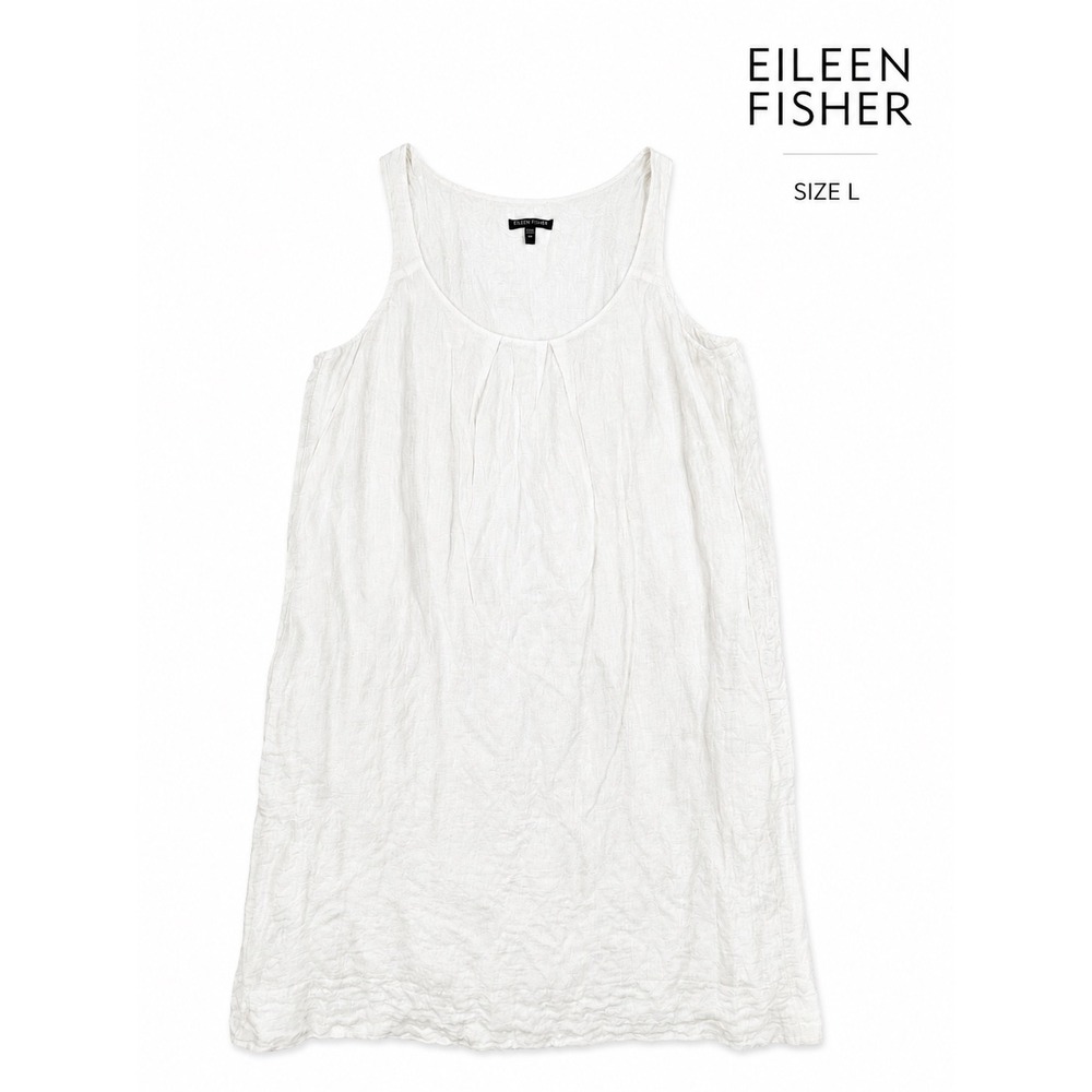Eileen Fisher L Ivory Metallic Cotton Blend Silk Lined Sleeveless Shift Dress